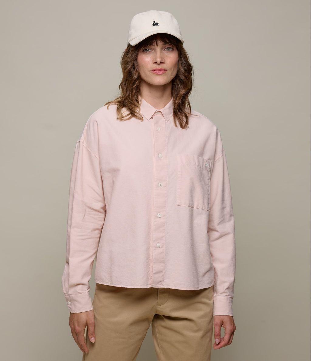 Cropped Boxy Style Cotton Oxford Long Sleeve Shirt