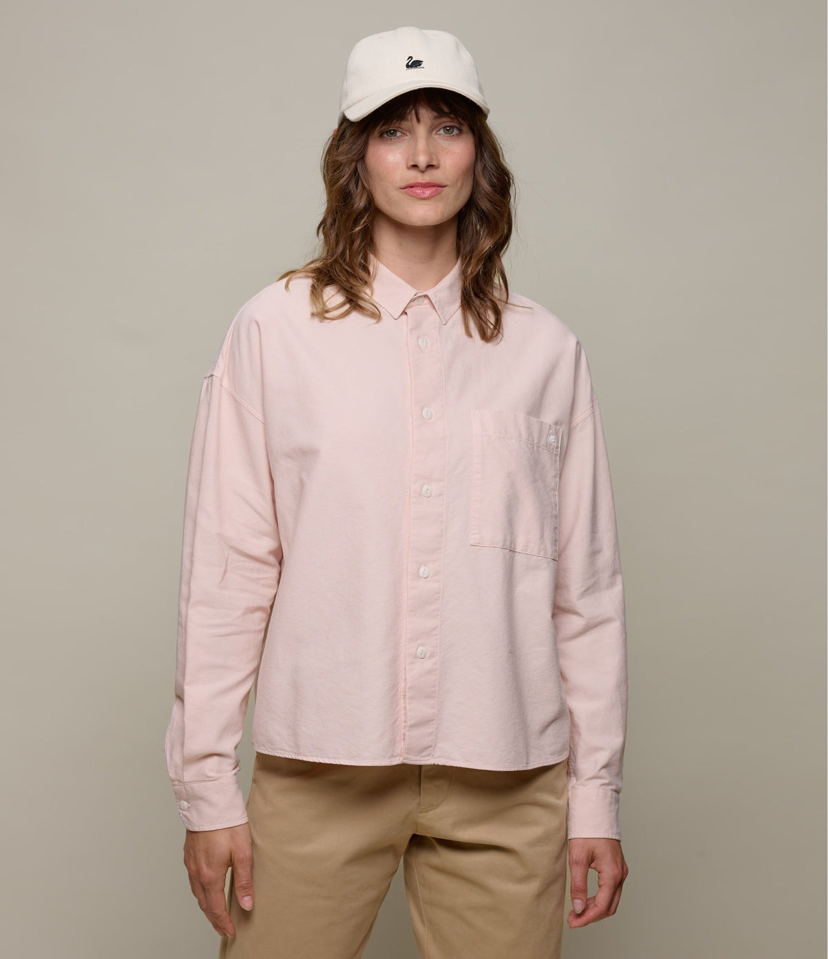 Cropped Boxy Style Cotton Oxford Long Sleeve Shirt