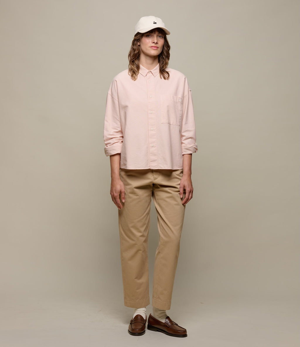 Cropped Boxy Style Cotton Oxford Long Sleeve Shirt