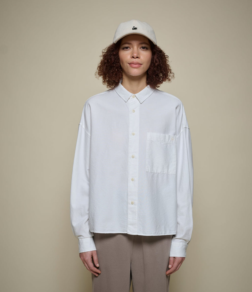 Cropped Boxy Style Cotton Oxford Long Sleeve Shirt
