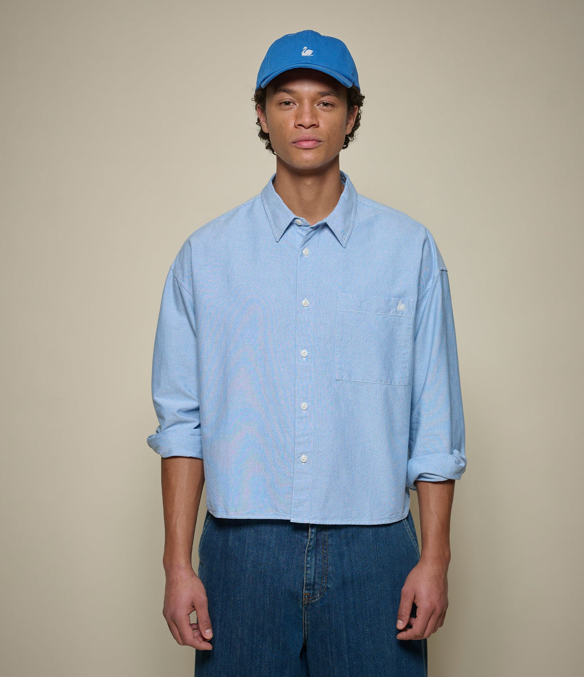 Cropped Boxy Style Cotton Oxford Long Sleeve Shirt