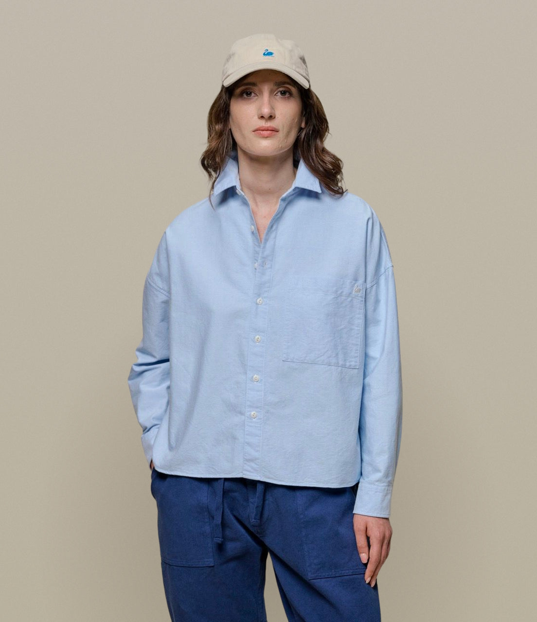Cropped Boxy Style Cotton Oxford Long Sleeve Shirt
