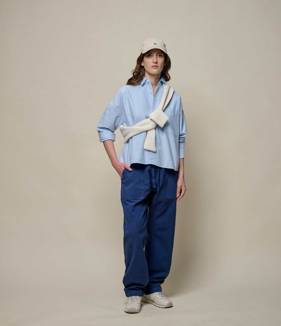 Cropped Boxy Style Cotton Oxford Long Sleeve Shirt